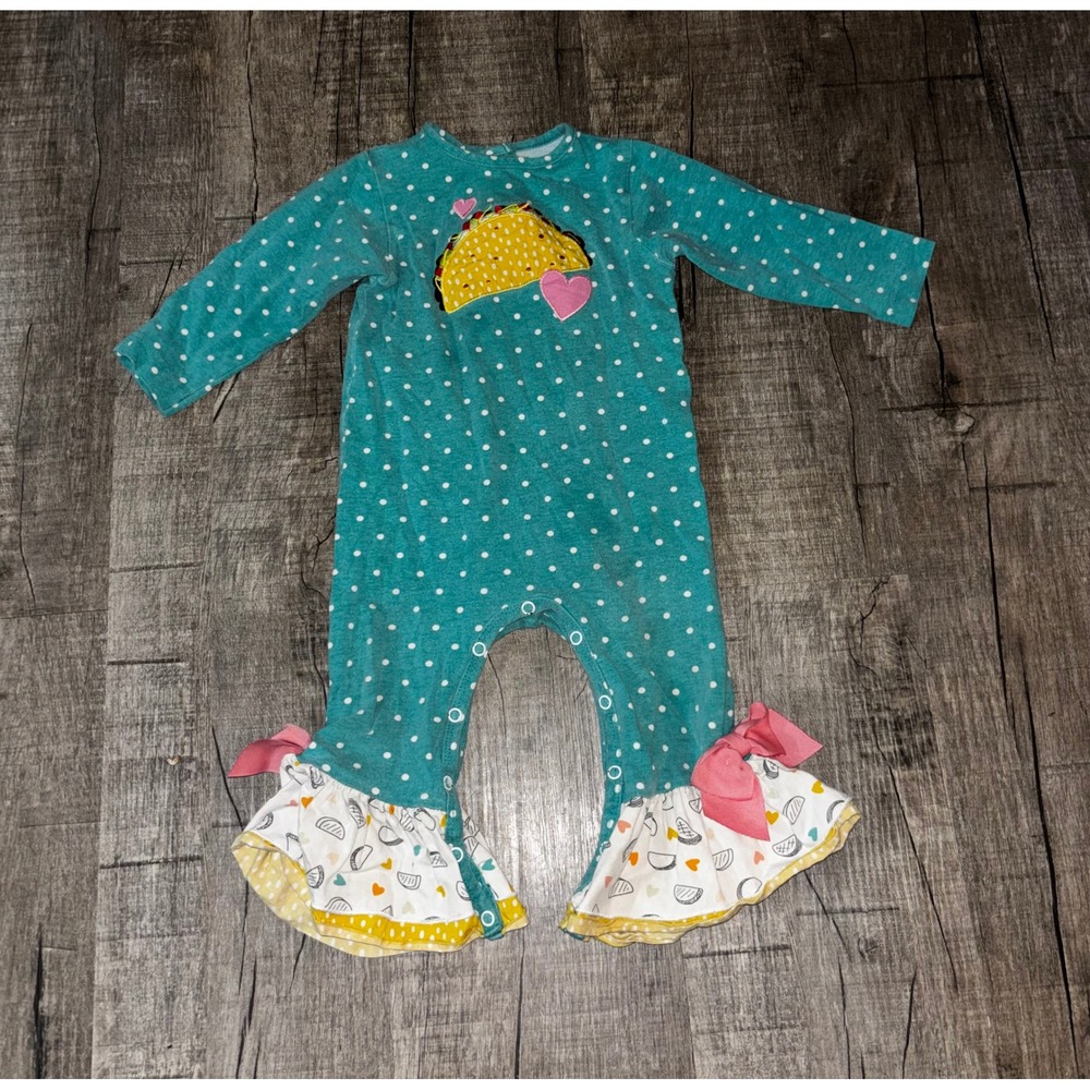 Ricrac & Ruffles Taco Polka Dot Ruffle Romper Teal Pink 18M‎